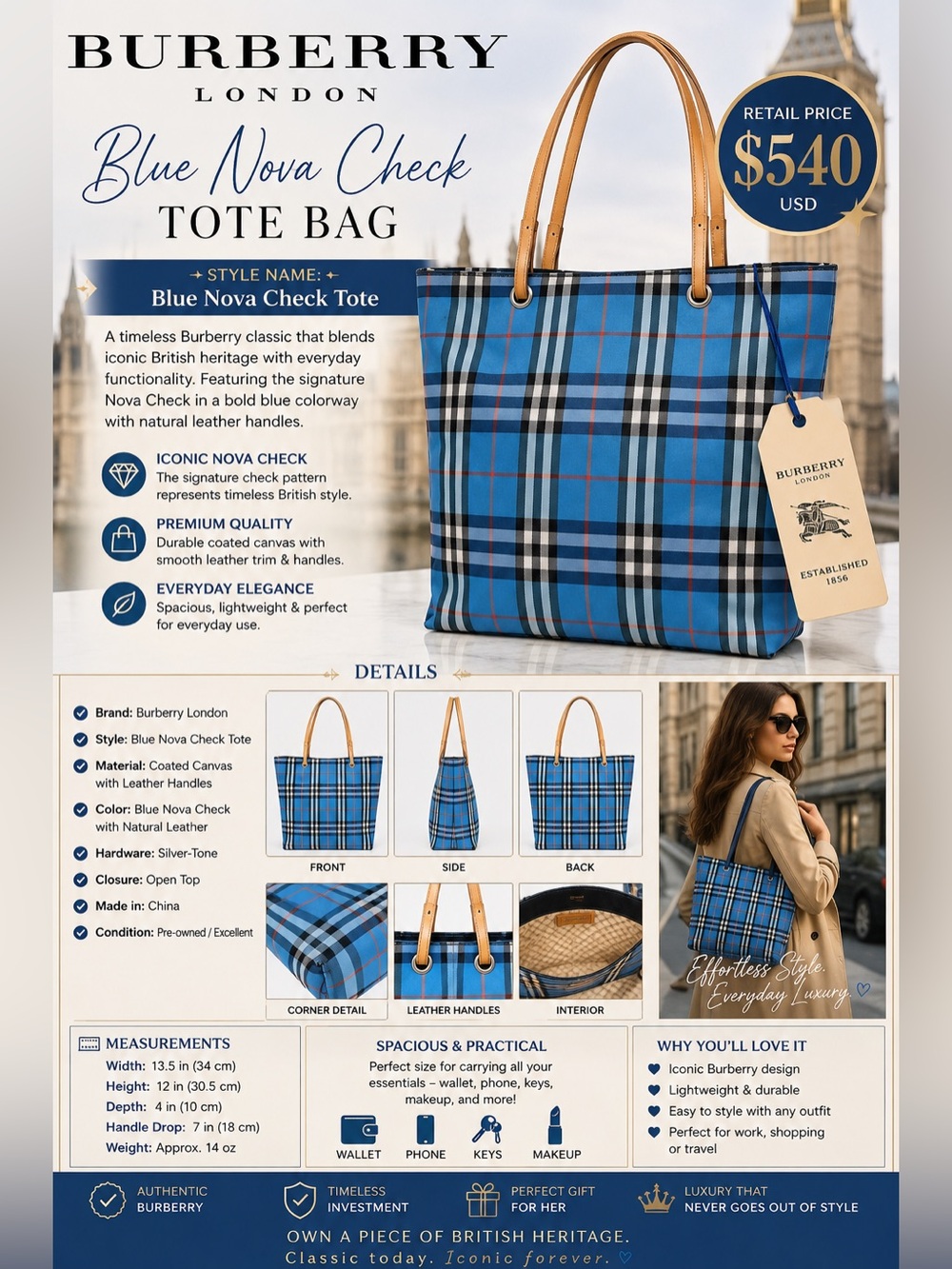 Burberry London Blue Nova Check Plaid Canvas Tote with Tan Leather Handles